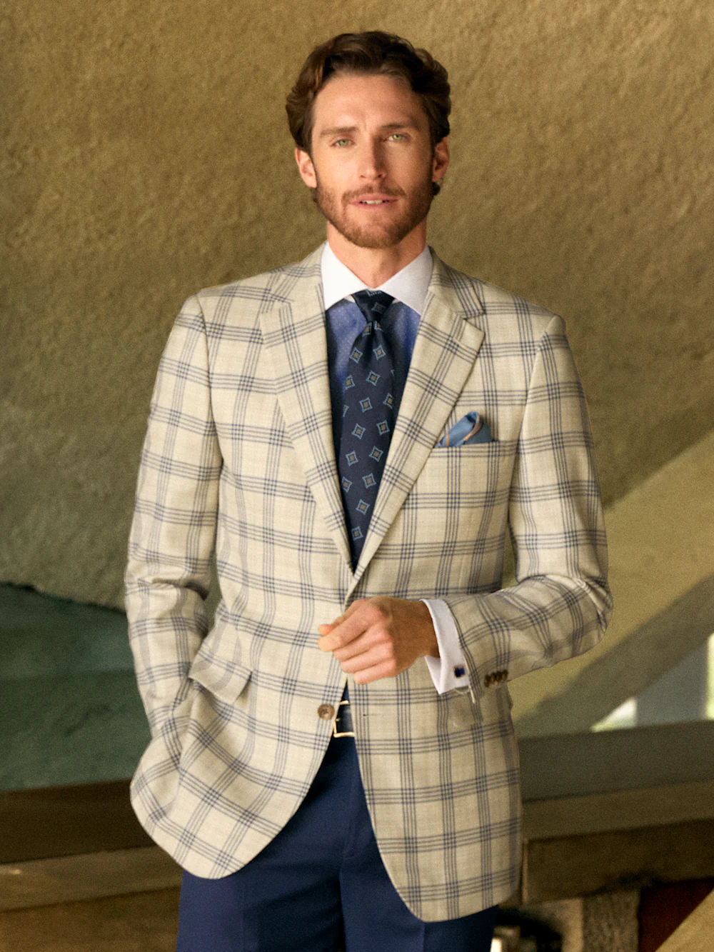 Wool Blend Plaid Single Breasted Notch Lapel Sport Coat - Tan/blue - Image 8