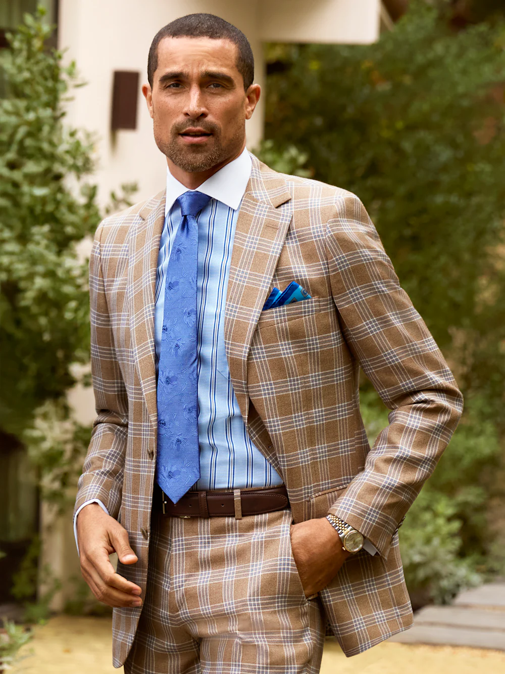 Wool Blend Plaid Single Breasted Notch Lapel Suit Jacket - Brown - Image 8