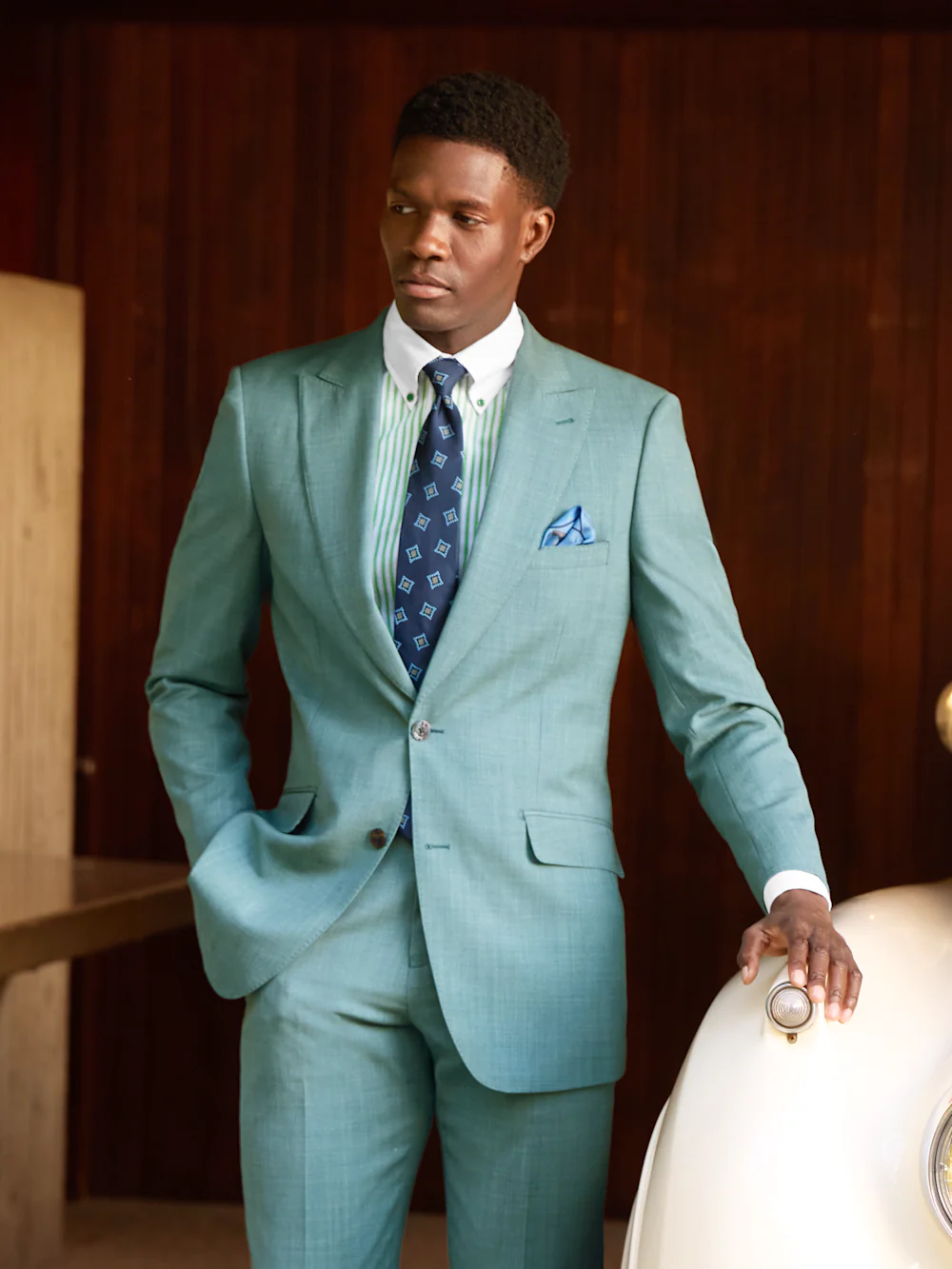 Wool Blend Single Breasted Peak Lapel Suit - Teal - Image 12