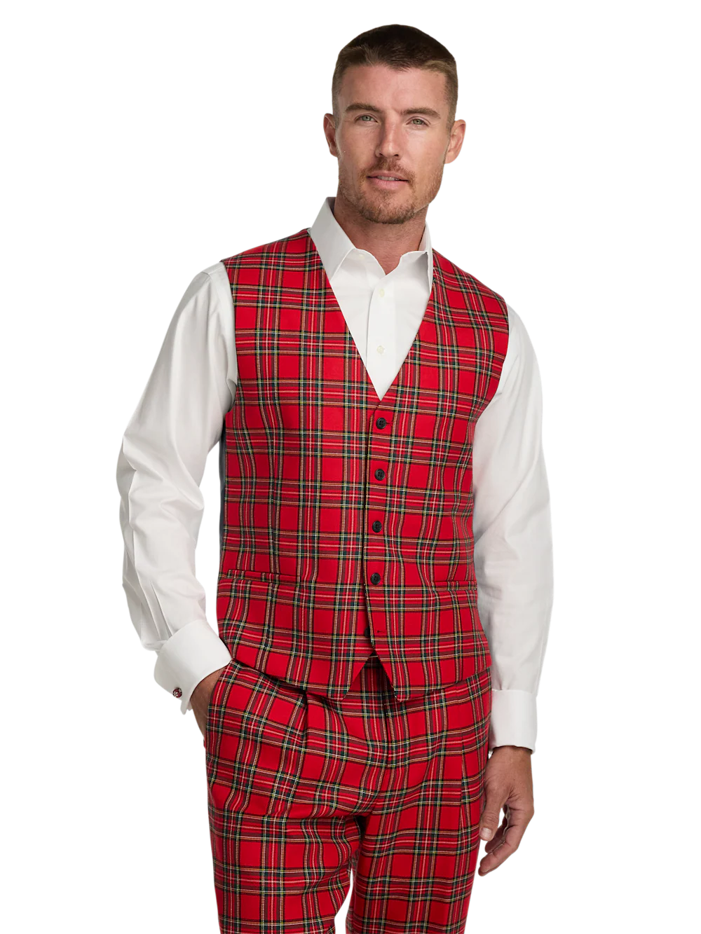Wool Blend Tartan Plaid No Lapel 5 Button Vest - Red Multi - Image 2