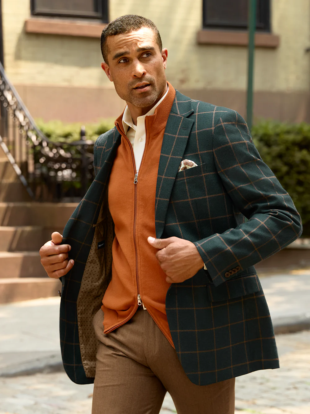 Wool Blend Windowpane Single Breasted Notch Lapel Sport Coat - Dark Green - Image 8