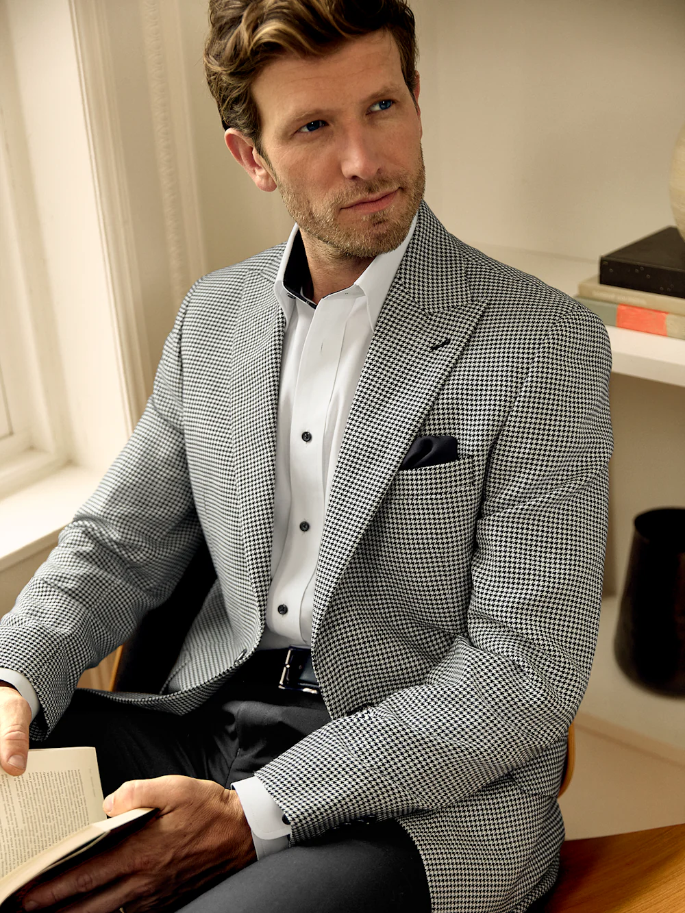 Wool Houndstooth Single Breasted Peak Lapel Sport Coat - Black/white - Image 8