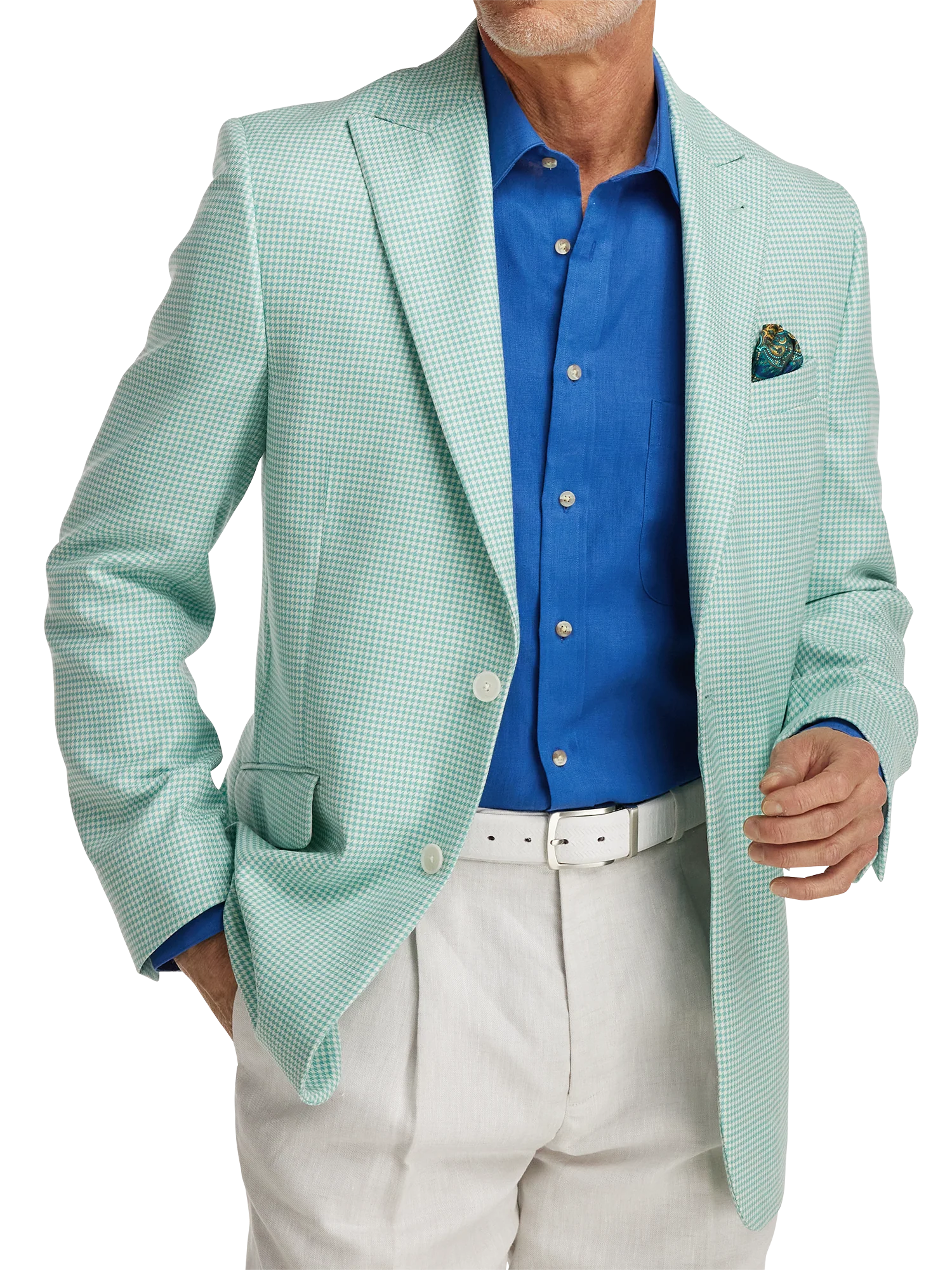 Wool Houndstooth Single Breasted Peak Lapel Sport Coat - Aqua - Image 7