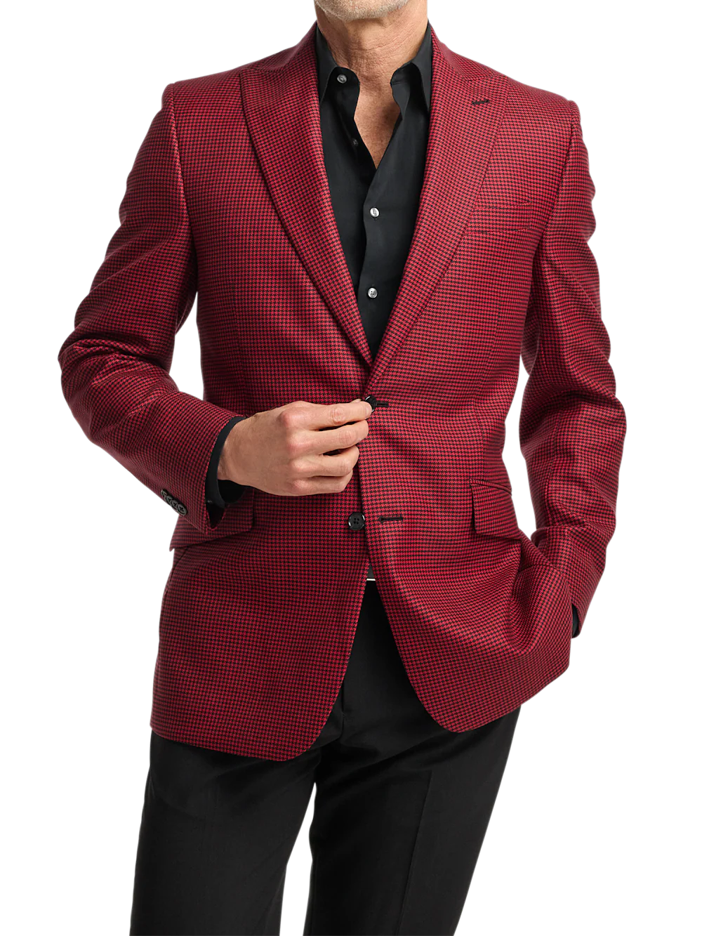 Wool Houndstooth Single Breasted Peak Lapel Sport Coat - Black/red - Image 3