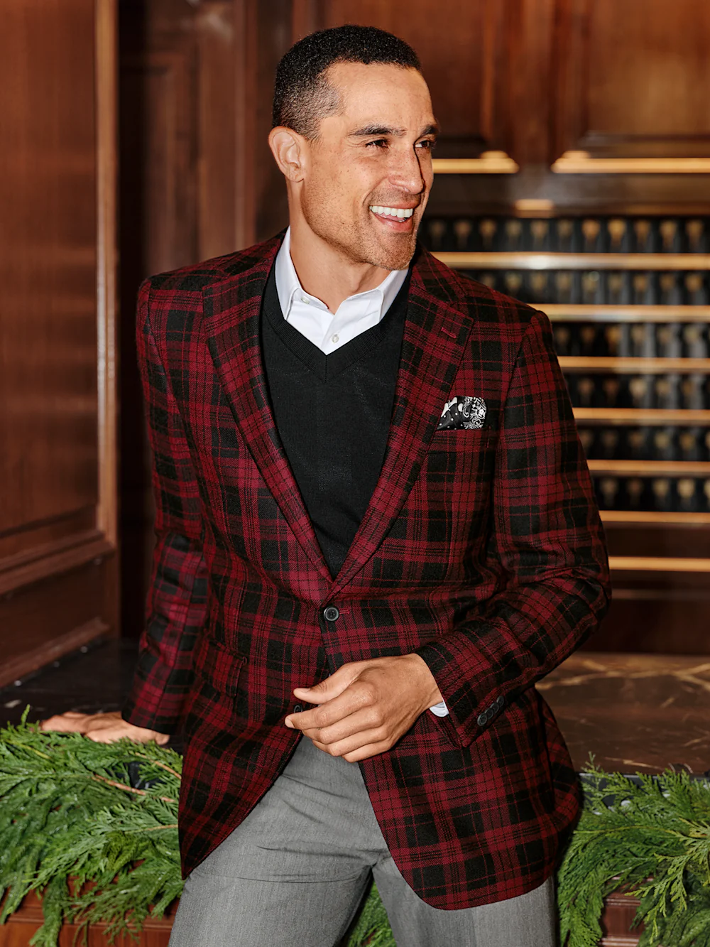 Wool Plaid Single Breasted Notch Lapel Sport Coat - Black/red - Image 8