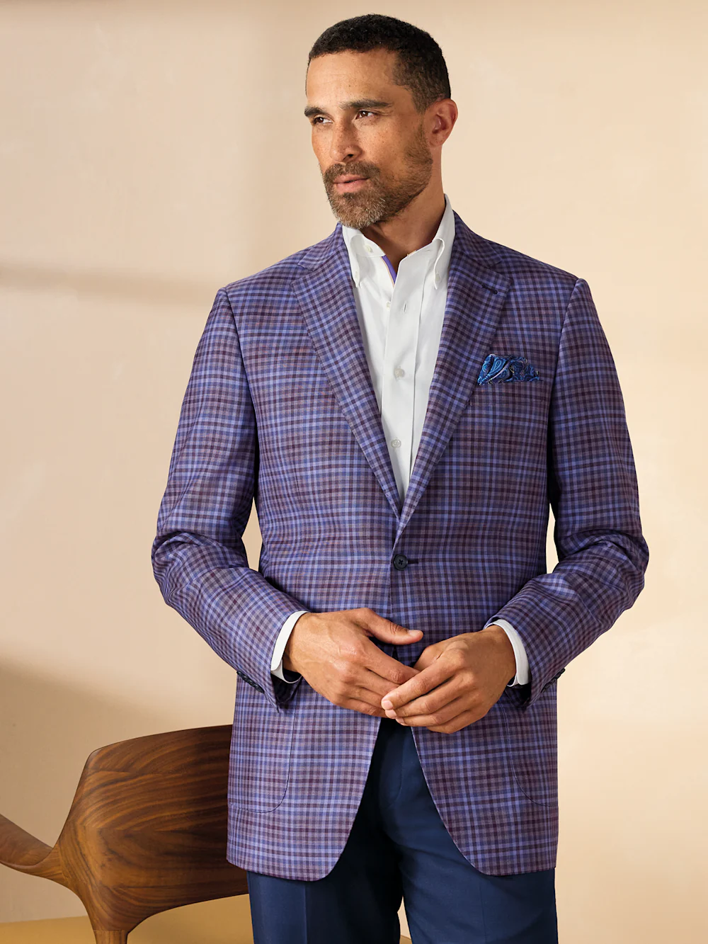 Wool Plaid Single Breasted Notch Lapel Sport Coat - Purple - Image 8