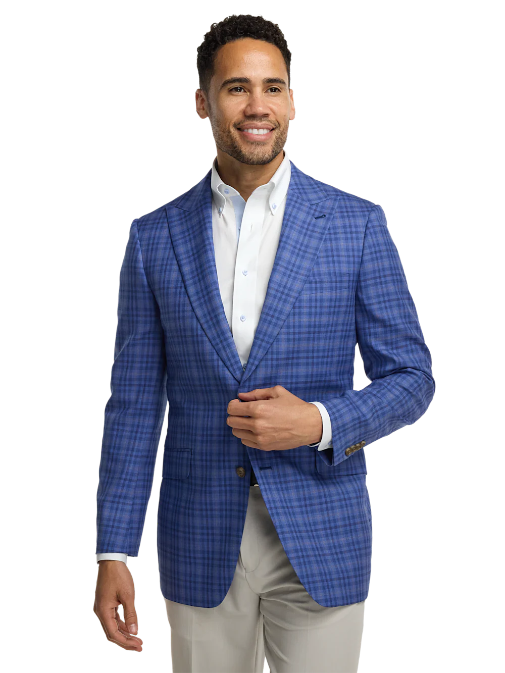 Wool Plaid Single Breasted Peak Lapel Sport Coat - Blue - Image 2