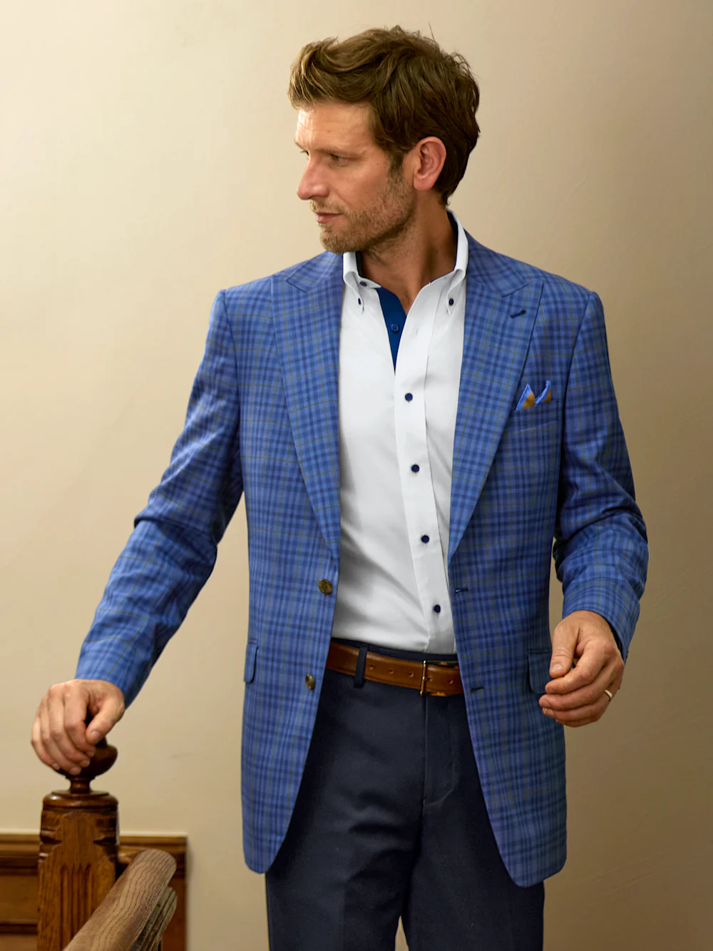 Wool Plaid Single Breasted Peak Lapel Sport Coat - Blue - Image 8