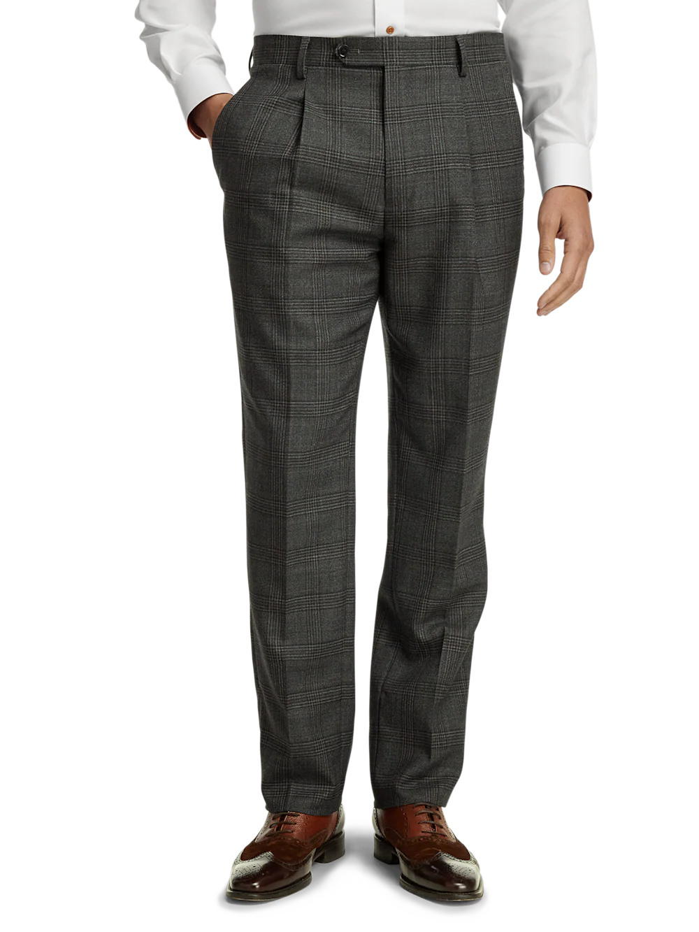 Wool Plaid Single Pleat Suit Pants - Charcoal - Image 2