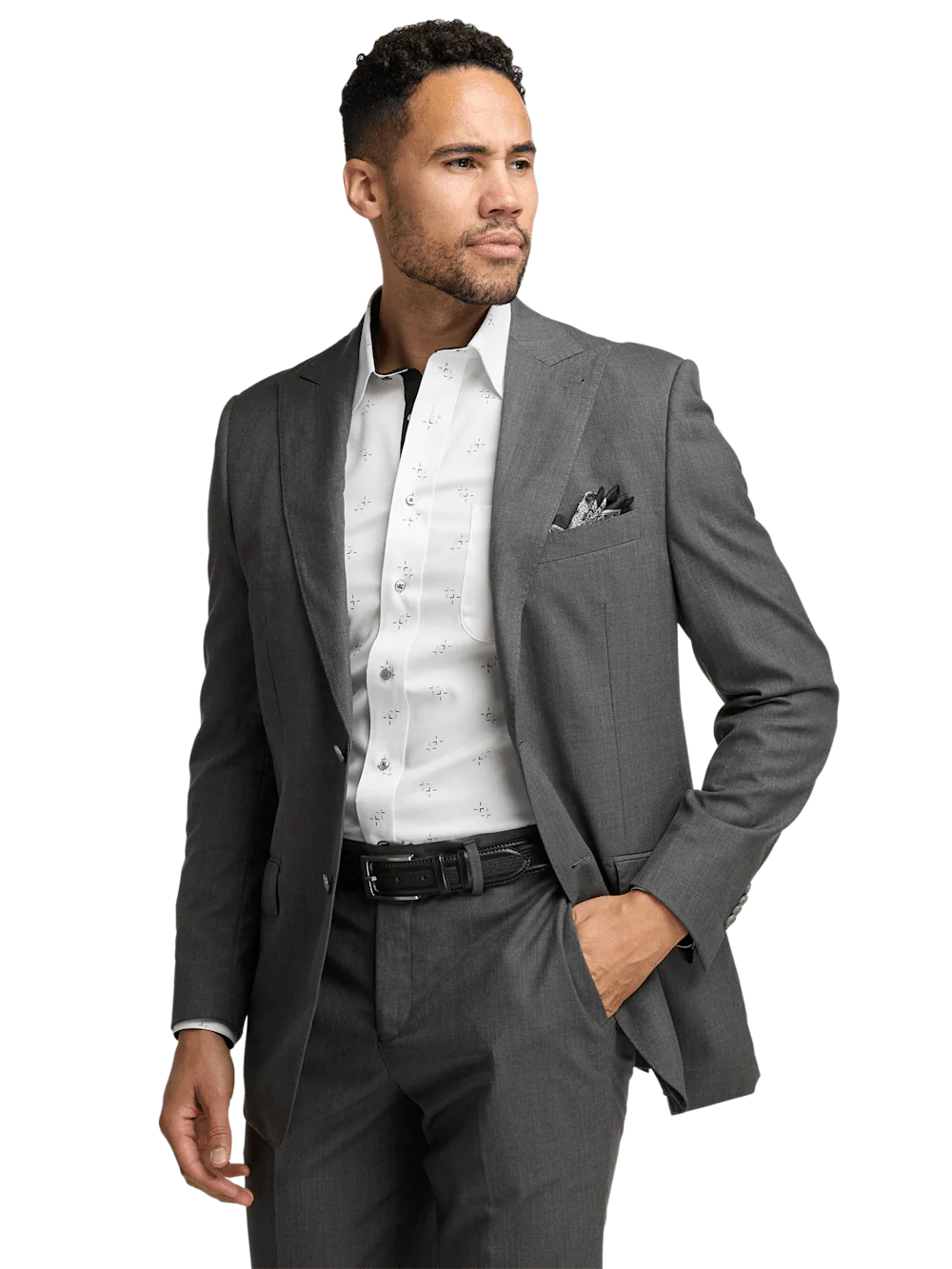 Wool Stretch Bengaline Peak Lapel Suit Jacket - Grey - Image 2