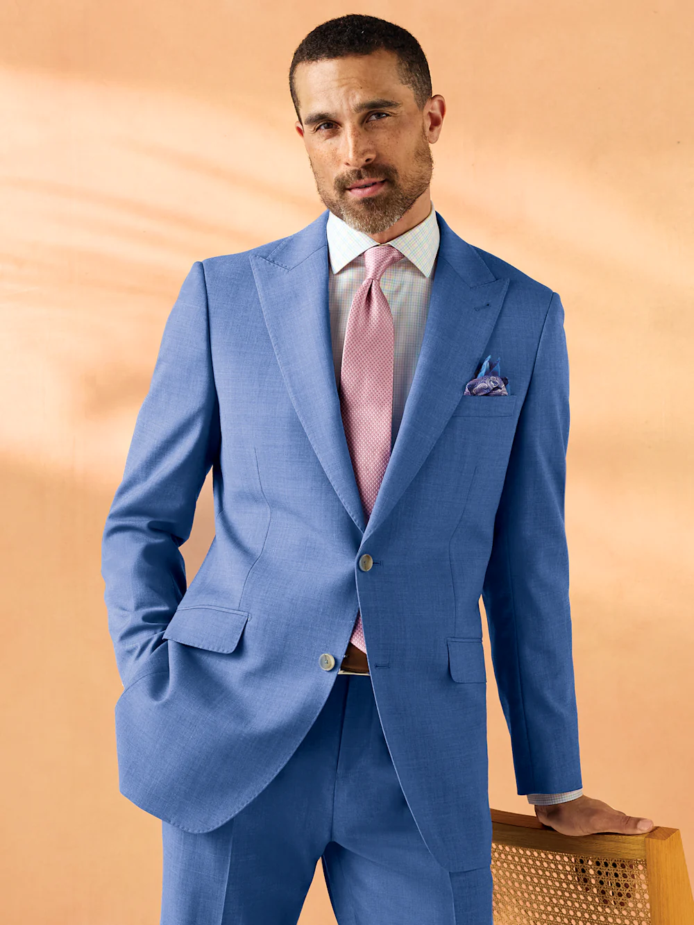 Wool Stretch Bengaline Peak Lapel Suit Jacket - French Blue - Image 8