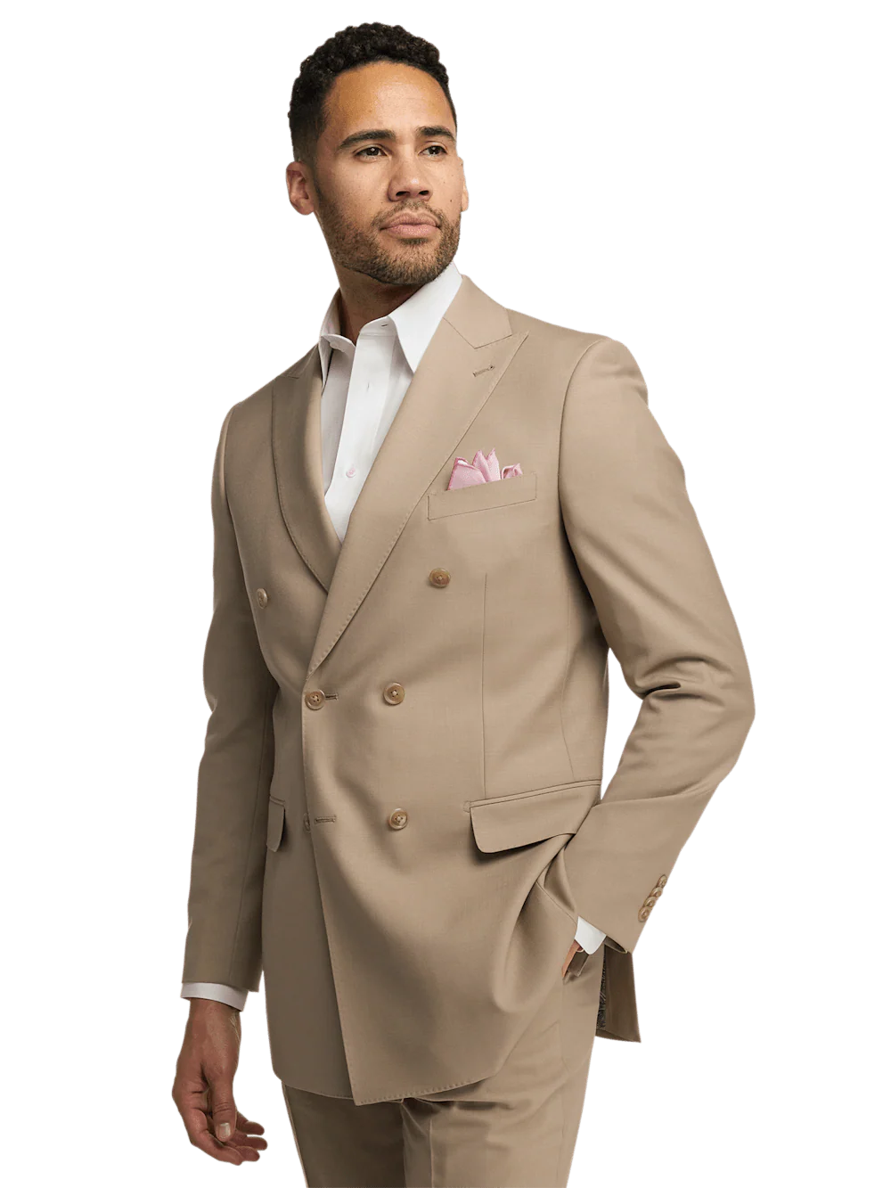 Wool Stretch Bengaline Peak Lapel Suit Jacket - Light Tan - Image 2