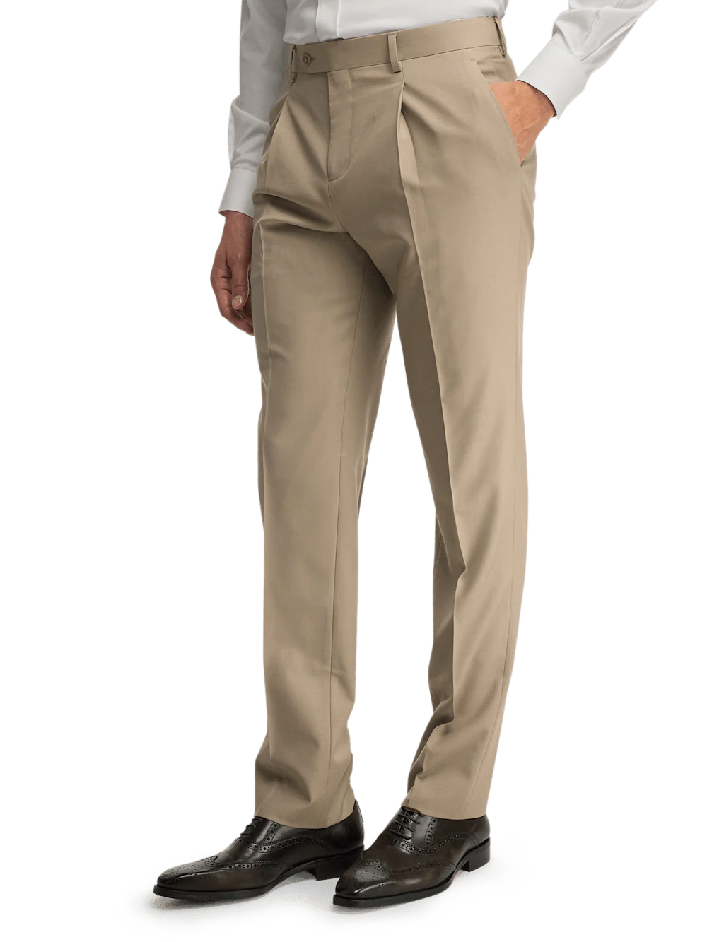 Wool Stretch Bengaline Pleated Suit Pants - Light Tan - Image 4