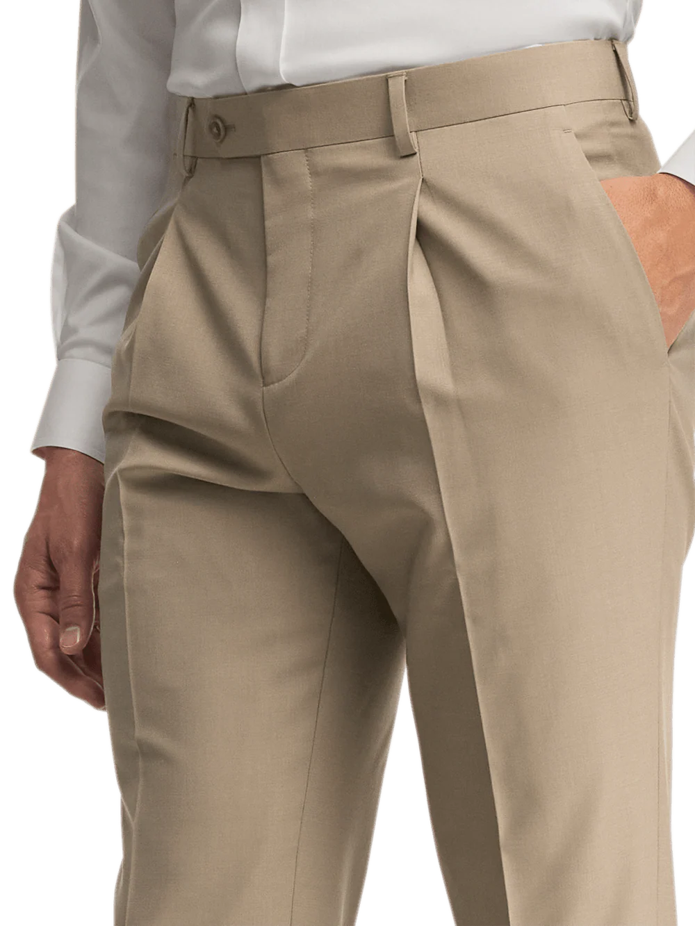 Wool Stretch Bengaline Pleated Suit Pants - Light Tan - Image 5