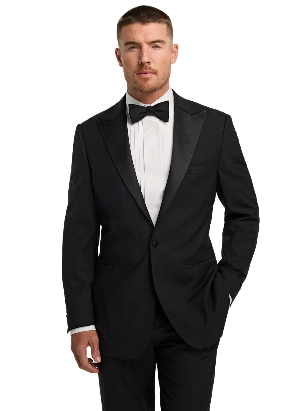 Wool Stretch Single Breasted Peak Lapel Tuxedo Jacket - Black - Image 2