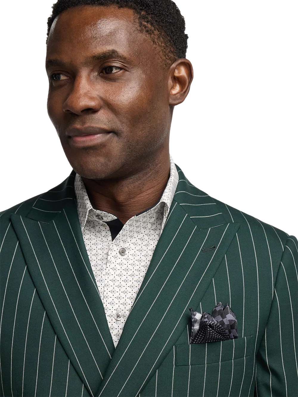 Wool Stretch Stripe Double Breasted Peak Lapel Suit - Dark Green - Image 3