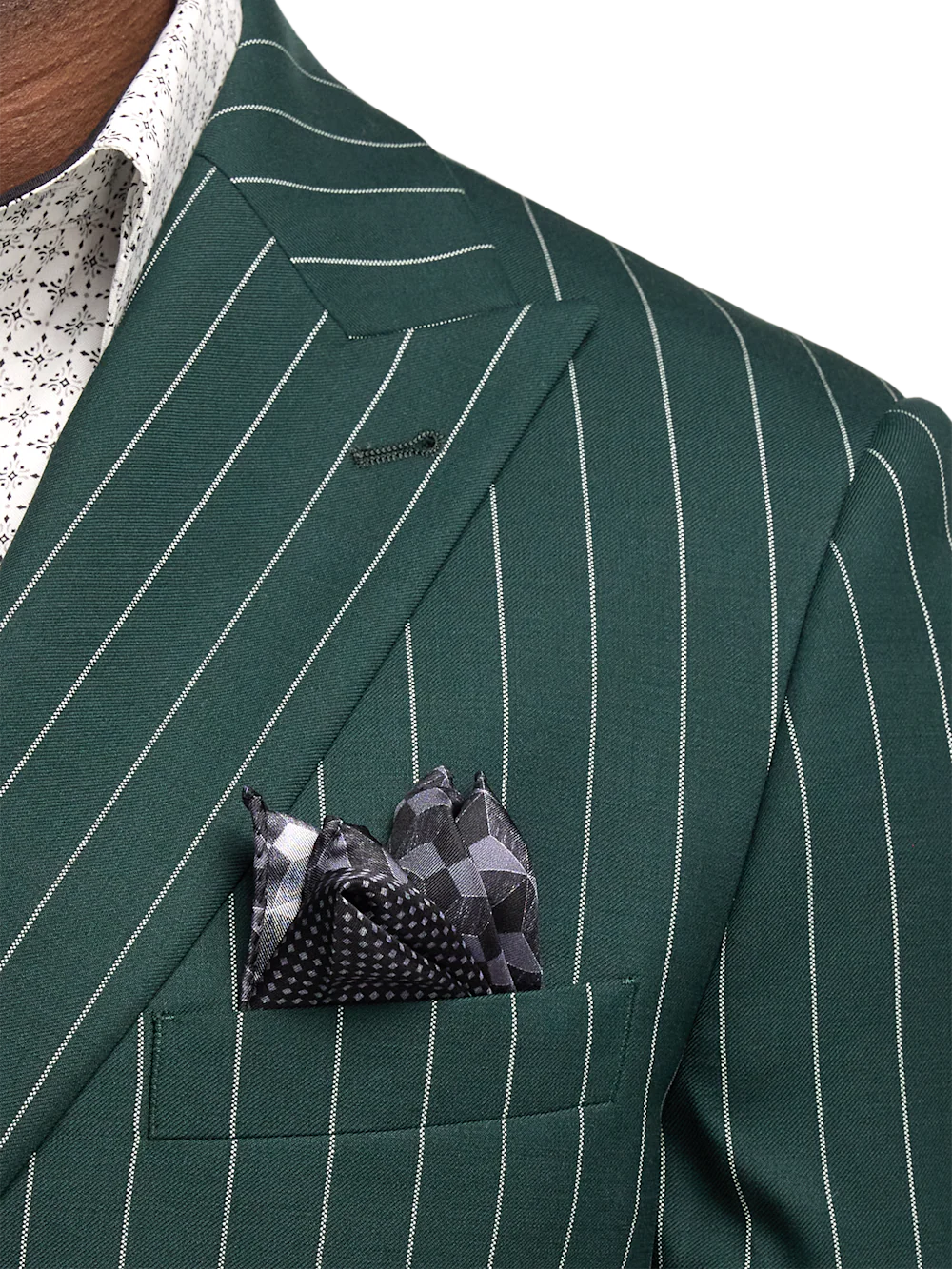 Wool Stretch Stripe Double Breasted Peak Lapel Suit - Dark Green - Image 6