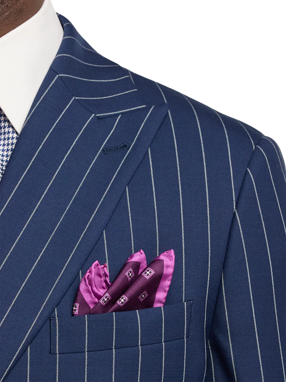 Wool Stretch Stripe Double Breasted Peak Lapel Suit Jacket - Blue - Image 6