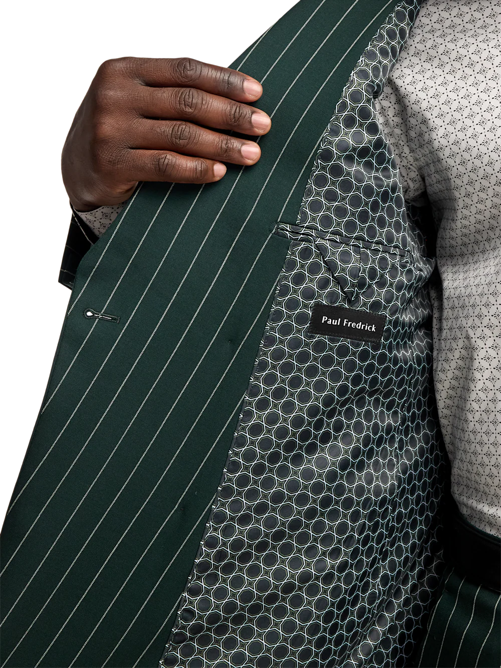 Wool Stretch Stripe Double Breasted Peak Lapel Suit Jacket - Dark Green - Image 4