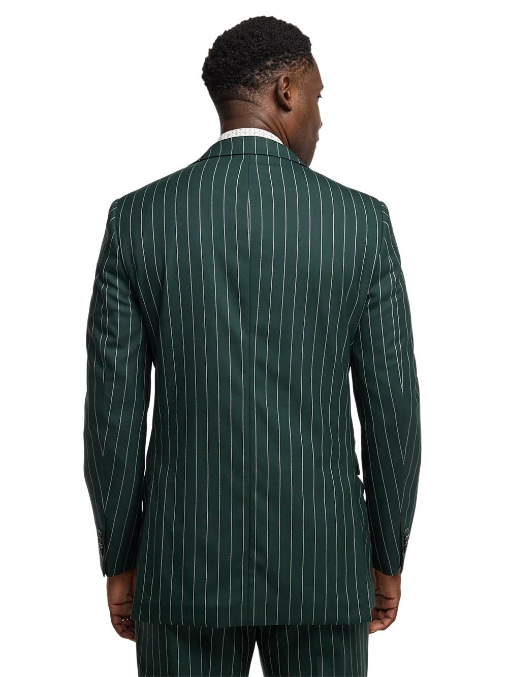 Wool Stretch Stripe Double Breasted Peak Lapel Suit Jacket - Dark Green - Image 7