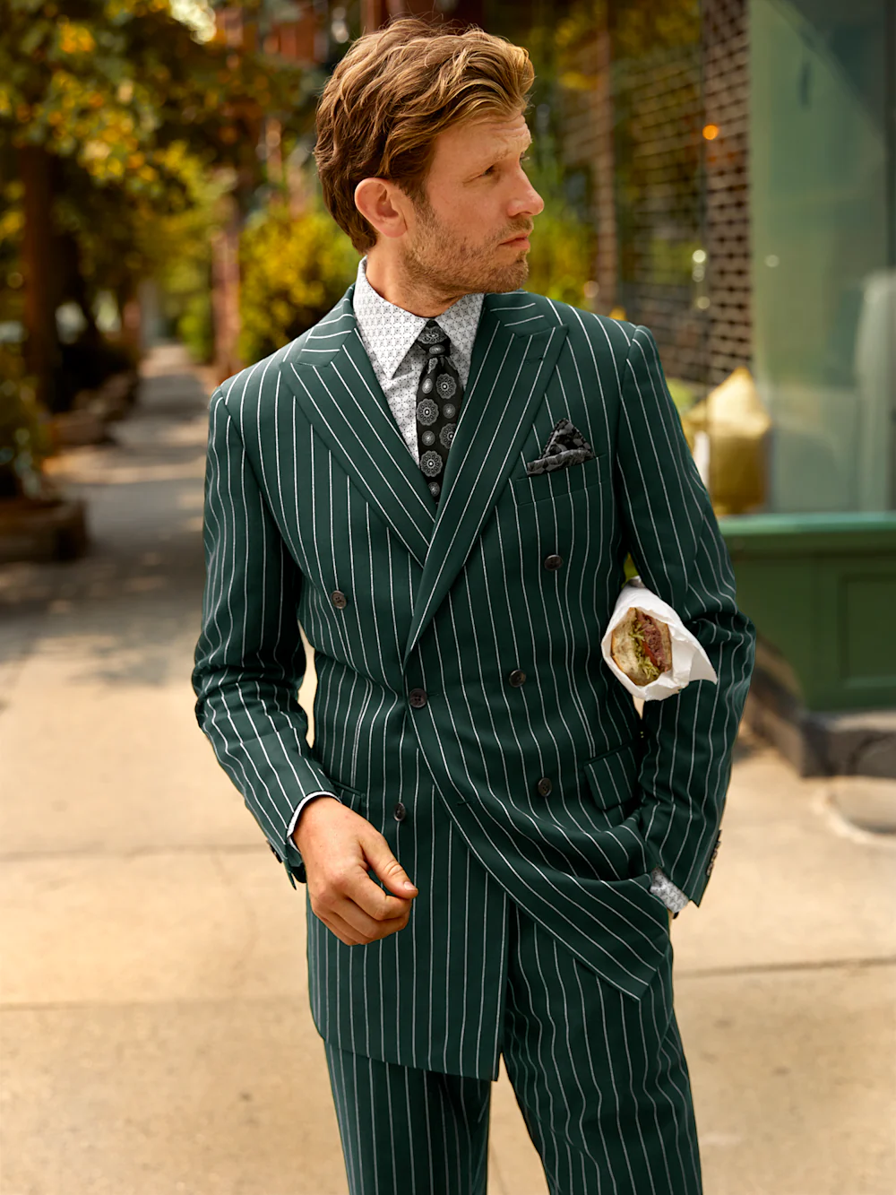 Wool Stretch Stripe Double Breasted Peak Lapel Suit Jacket - Dark Green - Image 8