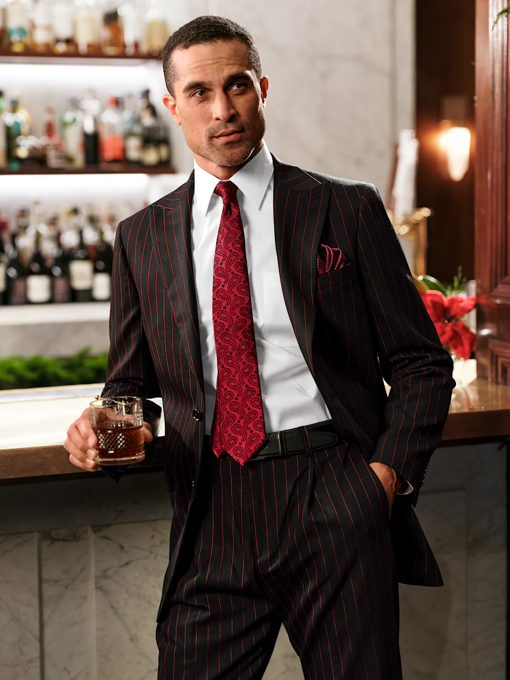 Wool Stretch Stripe Single Breasted Peak Lapel Suit - Black/red - Image 10