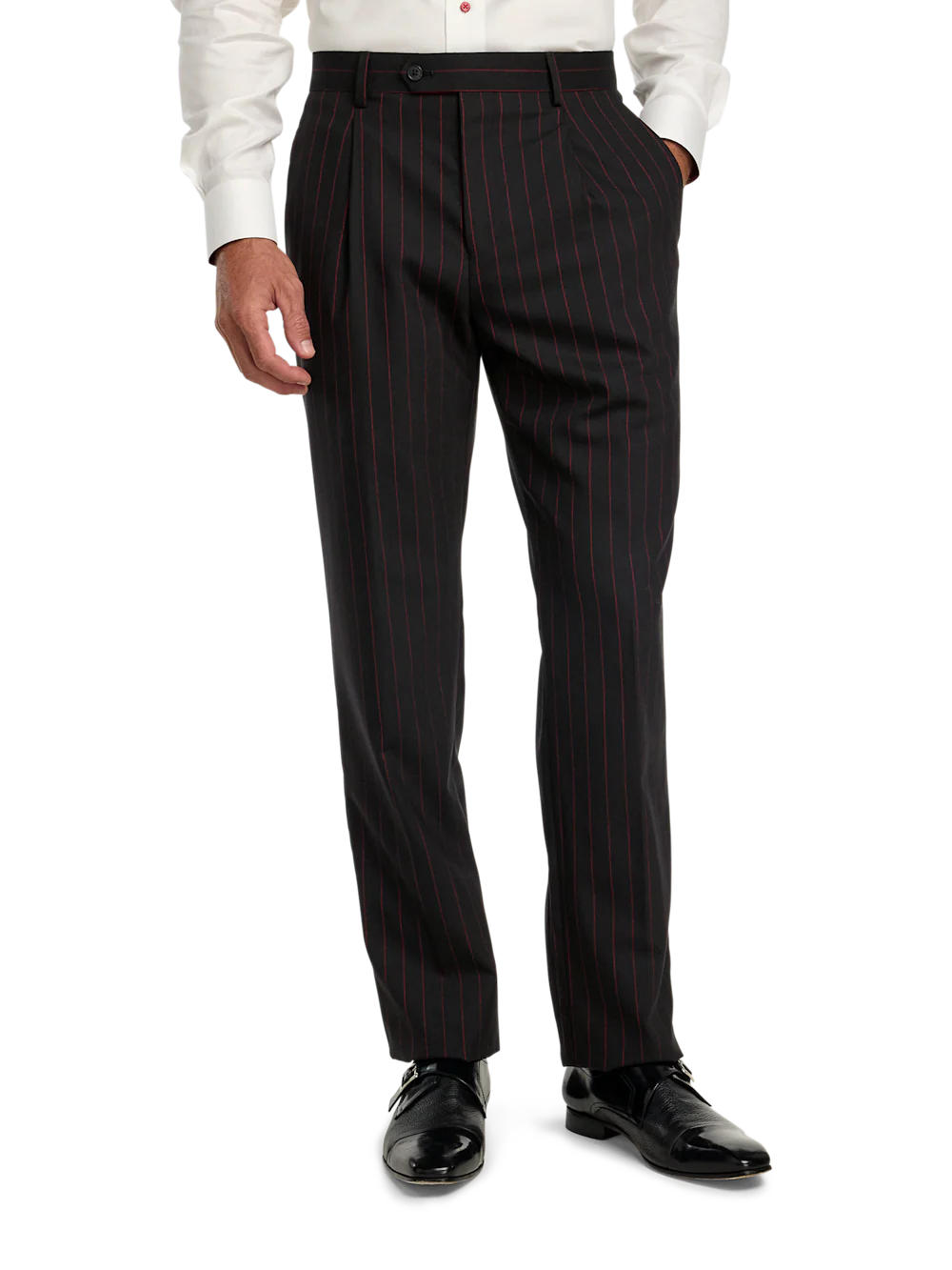 Wool Stretch Stripe Single Breasted Peak Lapel Suit - Black/red - Image 8