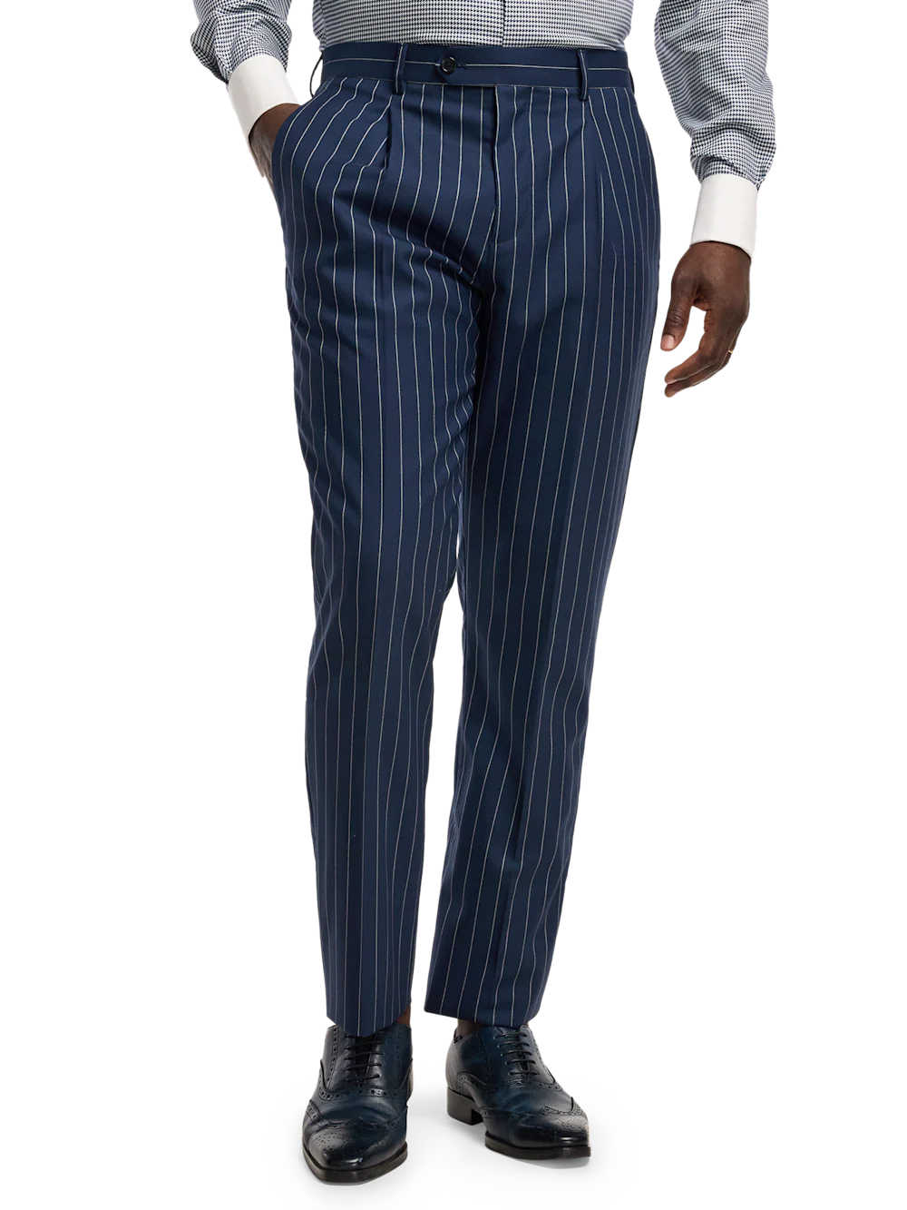 Wool Stretch Stripe Single Pleat Suit Pants - Blue - Image 2
