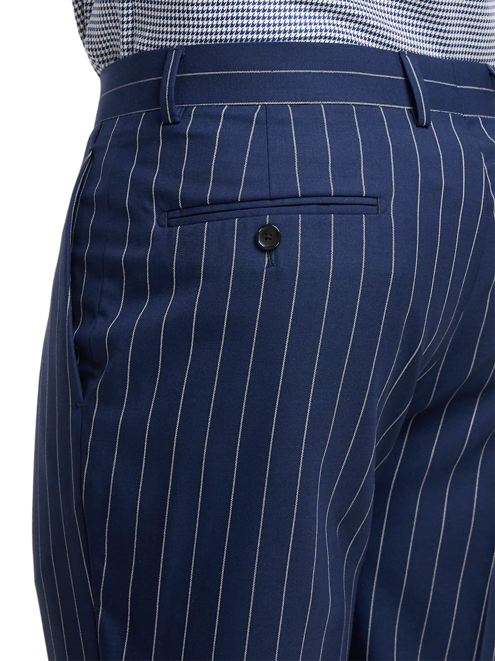 Wool Stretch Stripe Single Pleat Suit Pants - Blue - Image 6