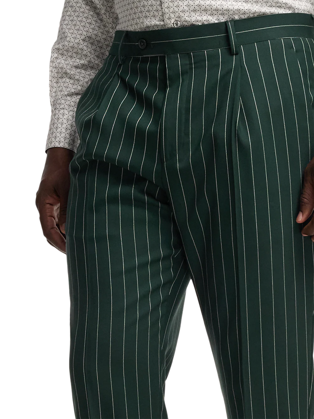 Wool Stretch Stripe Single Pleat Suit Pants - Dark Green - Image 3